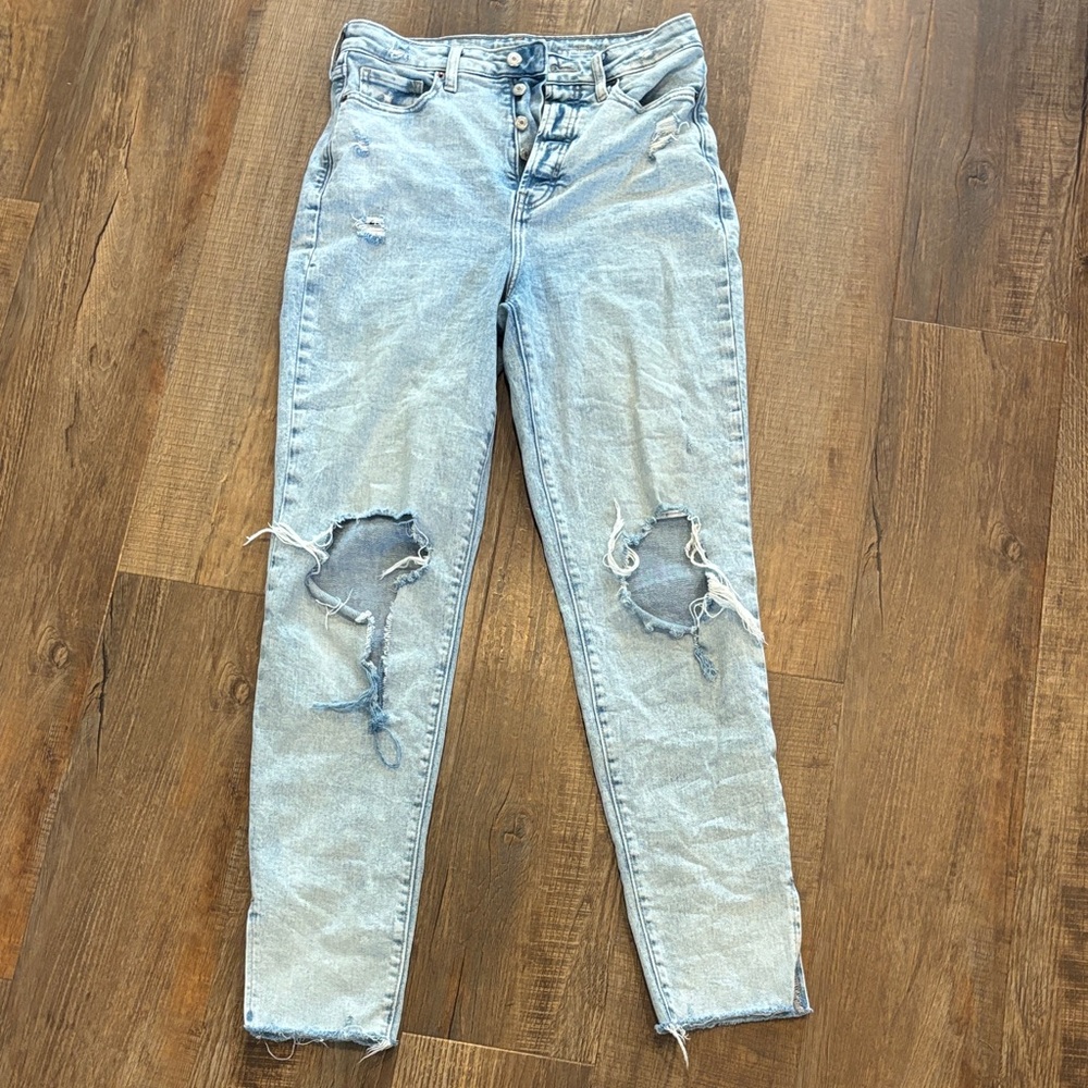 Old Navy Light Blue Distressed Straight Jeans with High Rise Button Fly